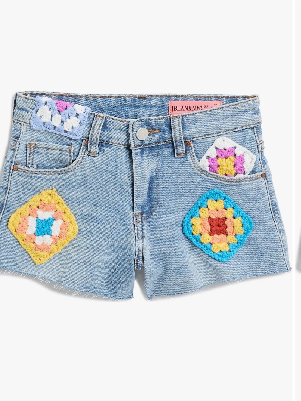 Blank NYC Light Blue Denim Shorts with Multicolor Crochet Patches
